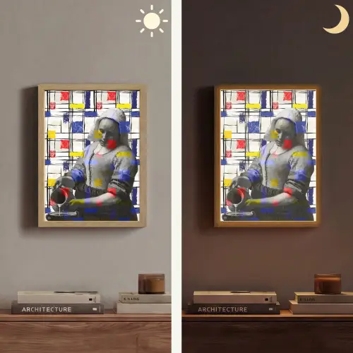 Melkmeisje - Mondriaan - Collage Light Box met batterij (Wandlamp) middel -sfeer3