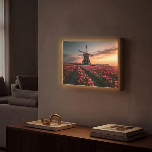 Molen - Zonsondergang - Tulpen - Rood Light Box met batterij (Wandlamp) middel -sfeer1
