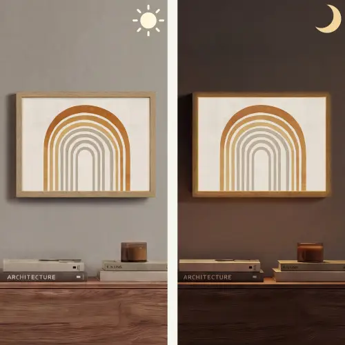 Minimalistisch - Boog - Lijnen - Beige Light Box met batterij (Wandlamp) middel -sfeer3