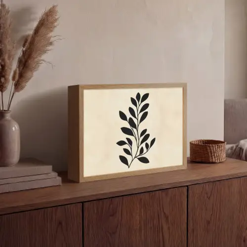 Minimalistisch - Tak - Bladeren - Zwart Light Box met batterij (Wandlamp) middel -sfeer2