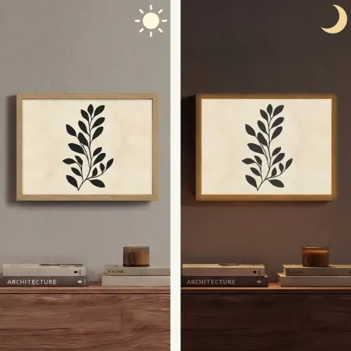 Minimalistisch - Tak - Bladeren - Zwart Light Box met batterij (Wandlamp) middel -sfeer3