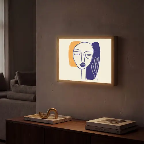 Minimalistisch - Gezicht - Hand - Oranje - Blauw Light Box met batterij (Wandlamp) middel -sfeer1