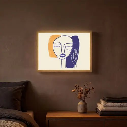Minimalistisch - Gezicht - Hand - Oranje - Blauw Light Box met batterij (Wandlamp) middel -sfeer4