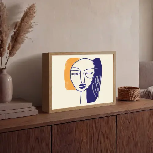Minimalistisch - Gezicht - Hand - Oranje - Blauw Light Box met batterij (Wandlamp) middel -sfeer2