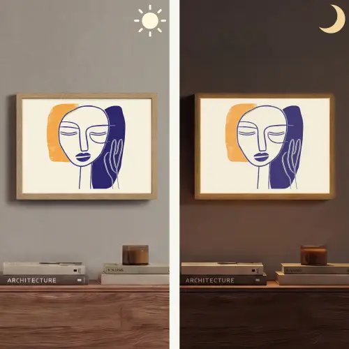 Minimalistisch - Gezicht - Hand - Oranje - Blauw Light Box met batterij (Wandlamp) middel -sfeer3