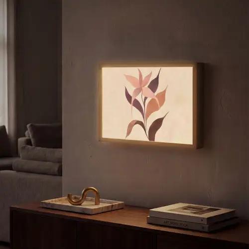 Minimalistisch - Bloem - Bladeren - Beige Light Box met batterij (Wandlamp) middel -sfeer1