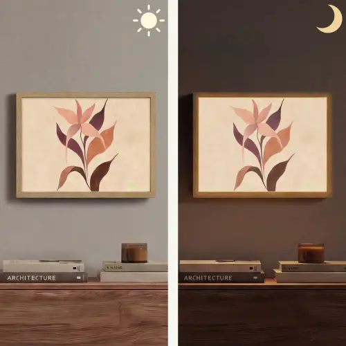 Minimalistisch - Bloem - Bladeren - Beige Light Box met batterij (Wandlamp) middel -sfeer3