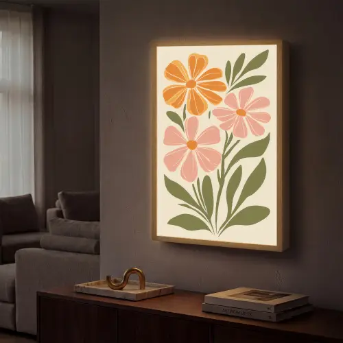 Minimalistisch - Bloemen - Bladeren - Roze Light Box met batterij (Wandlamp) middel -sfeer1