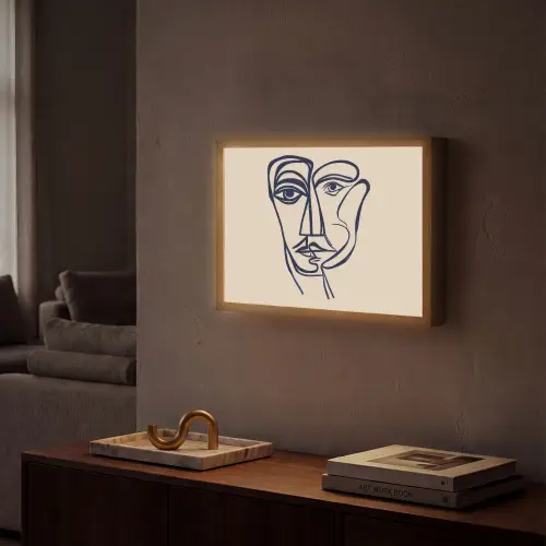 Minimalistisch - Lijnillustratie - Beige - Donkerblauw Light Box met batterij (Wandlamp) middel -sfeer1