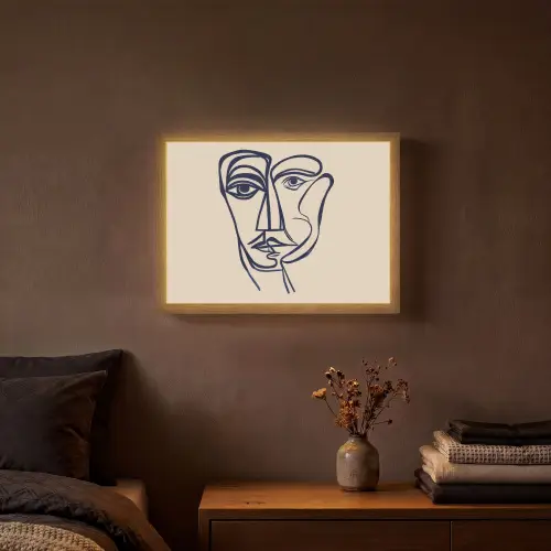 Minimalistisch - Lijnillustratie - Beige - Donkerblauw Light Box met batterij (Wandlamp) middel -sfeer4