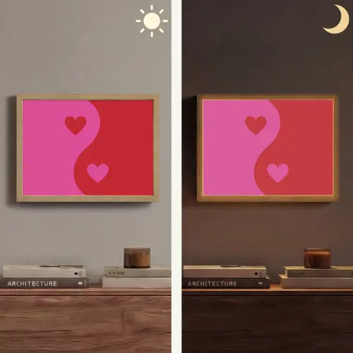 Minimalistisch - Rood - Roze - Hartjes Light Box met batterij (Wandlamp) middel -sfeer3