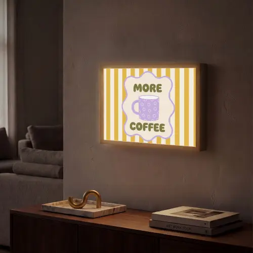 More coffee - Geel - Paars - Strepen - Mok Light Box met batterij (Wandlamp) middel -sfeer1