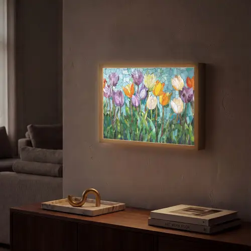 Mozaïek - Veld - Tulpen - Kleurrijk Light Box met batterij (Wandlamp) middel -sfeer1