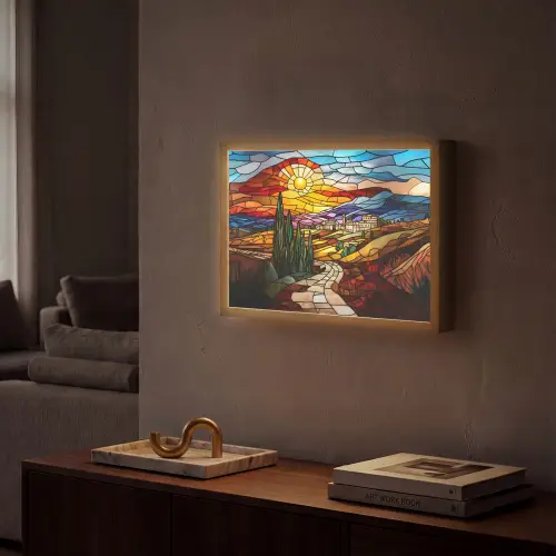Mozaïek - Zon - Landschap - Dorp Light Box met batterij (Wandlamp) middel -sfeer1