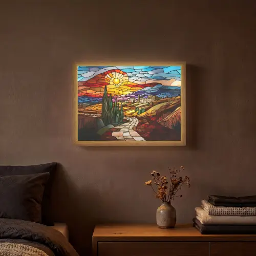 Mozaïek - Zon - Landschap - Dorp Light Box met batterij (Wandlamp) middel -sfeer4