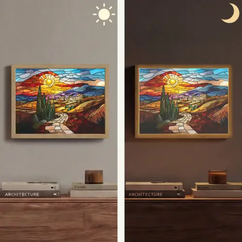 Mozaïek - Zon - Landschap - Dorp Light Box met batterij (Wandlamp) middel -sfeer3
