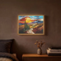 Mozaïek - Zon - Landschap - Dorp Light Box met batterij (Wandlamp) middel -sfeer4