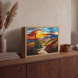 Mozaïek - Zon - Landschap - Dorp Light Box met batterij (Wandlamp) middel -sfeer2
