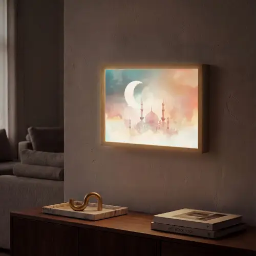 Moskee - Kleurrijke wolken - Arabisch - Ramadan - Islamitische Light Box met batterij (Wandlamp) middel -sfeer1