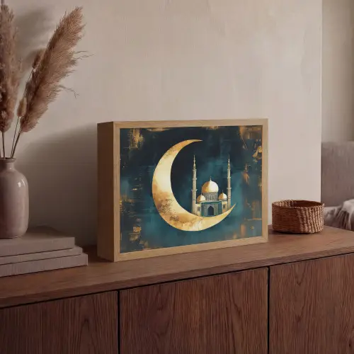 Moskee - Halve maan - Goud - Ramadan - Islamitische Light Box met batterij (Wandlamp) middel -sfeer2