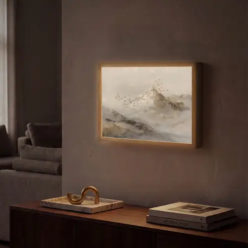 Berglandschap - Mist - Penseelstreken Light Box met batterij (Wandlamp) middel -sfeer1