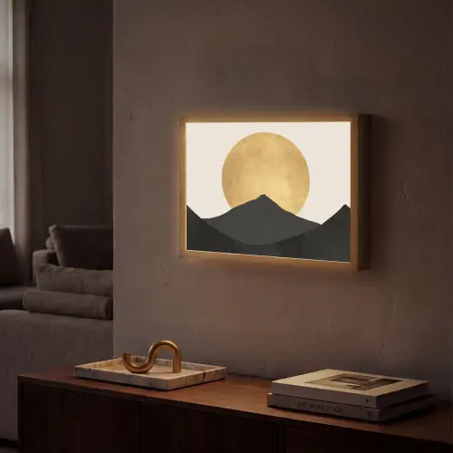 Bergsilhouetten - Gouden cirkel - Beige Light Box met batterij (Wandlamp) middel -sfeer1
