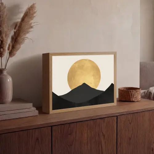 Bergsilhouetten - Gouden cirkel - Beige Light Box met batterij (Wandlamp) middel -sfeer2
