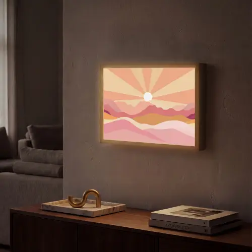 Bergen - Abstract - Zonnestralen - Roze Light Box met batterij (Wandlamp) middel -sfeer1