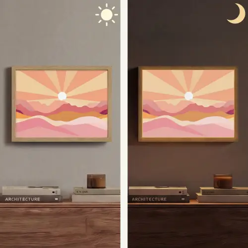 Bergen - Abstract - Zonnestralen - Roze Light Box met batterij (Wandlamp) middel -sfeer3
