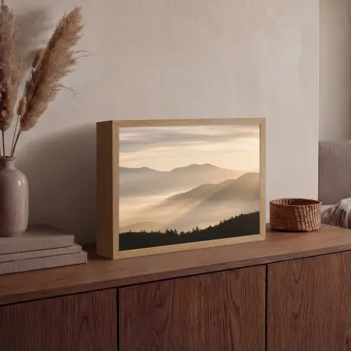 Bergen - Mist - Zonnestralen Light Box met batterij (Wandlamp) middel -sfeer2
