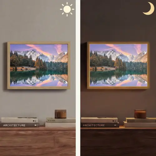 Bergen - Bos - Water - Lucht - Roze - Paars Light Box met batterij (Wandlamp) middel -sfeer3