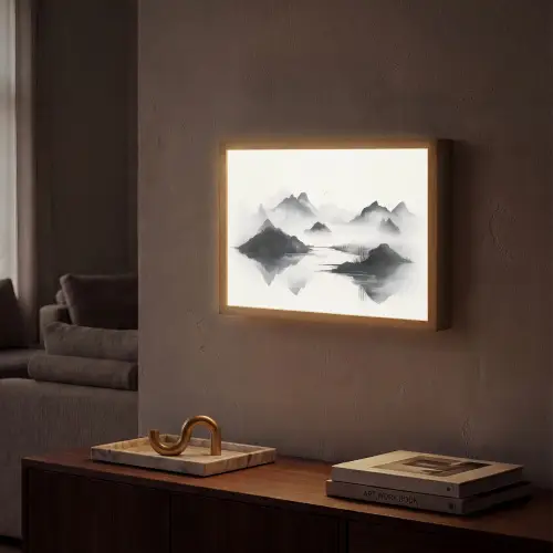 Bergen - Mistig - Water - Wit Light Box met batterij (Wandlamp) middel -sfeer1