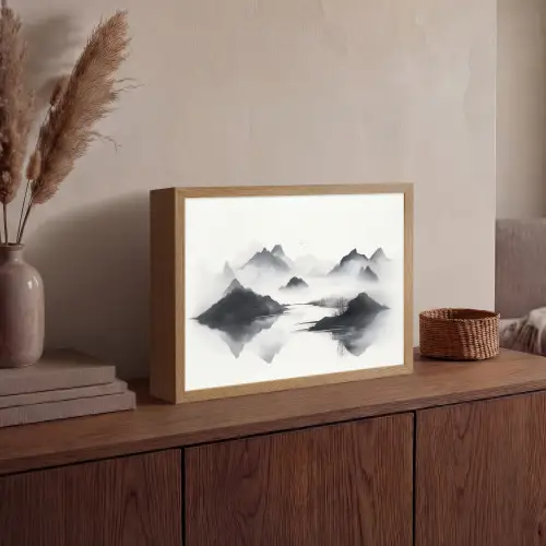 Bergen - Mistig - Water - Wit Light Box met batterij (Wandlamp) middel -sfeer2