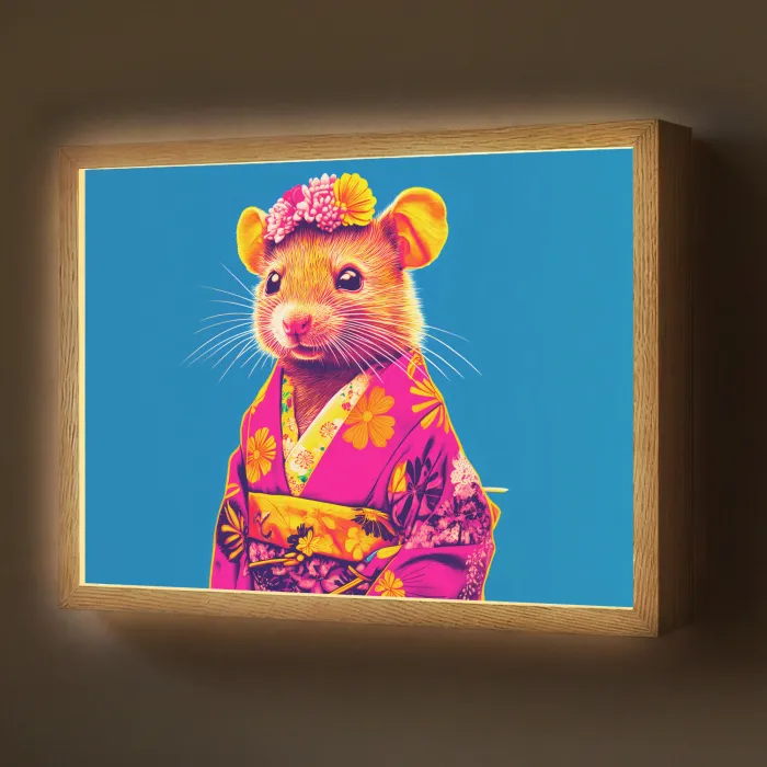 Muis - Kimono - Bloemen - Blauw Light Box met batterij (Wandlamp) middel -z3d_website