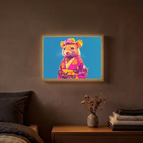 Muis - Kimono - Bloemen - Blauw Light Box met batterij (Wandlamp) middel -sfeer4