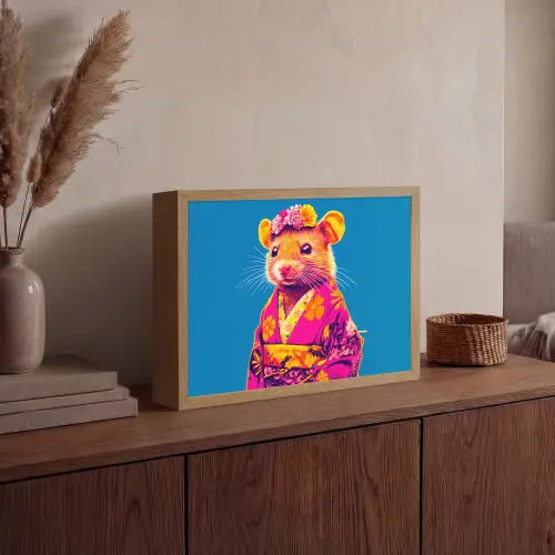 Muis - Kimono - Bloemen - Blauw Light Box met batterij (Wandlamp) middel -sfeer2