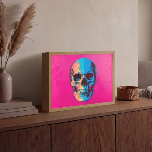 Neon - Blauw - Pop-art - Schedel Light Box met batterij (Wandlamp) middel -sfeer2