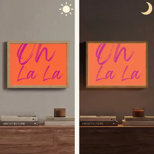 Oh la la - Oranje - Roze - Grafisch Light Box met batterij (Wandlamp) middel -sfeer3