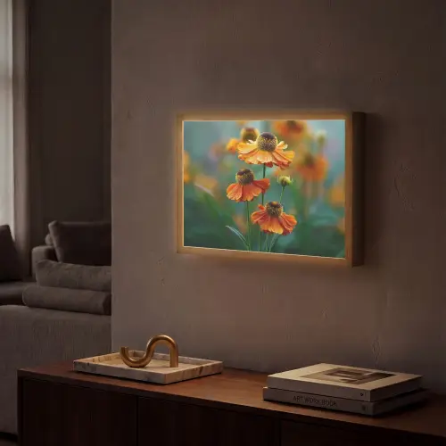 Oranje bloemen - Levendig - Wazige achtergrond Light Box met batterij (Wandlamp) middel -sfeer1