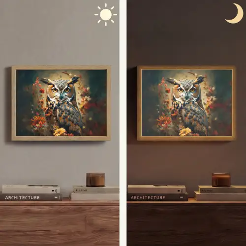 Uil - Vogel - Bloemen - Planten - Botanisch Light Box met batterij (Wandlamp) middel -sfeer3