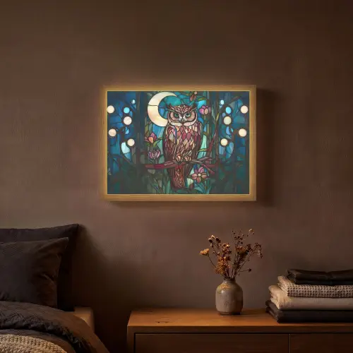 Uil - Mozaïek - Maan - Nacht Light Box met batterij (Wandlamp) middel -sfeer4