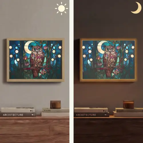 Uil - Mozaïek - Maan - Nacht Light Box met batterij (Wandlamp) middel -sfeer3