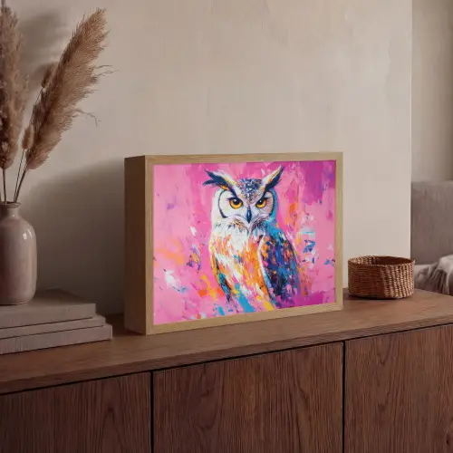 Uil - Roze - Blauw - Verf - Abstract Light Box met batterij (Wandlamp) middel -sfeer2