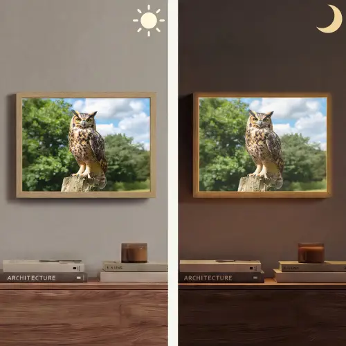 Uil - Boomstronk - Bos - Lucht Light Box met batterij (Wandlamp) middel -sfeer3