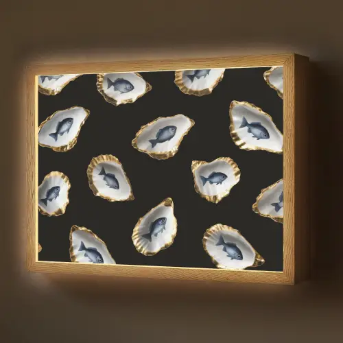 Oesters - Vissen - Blauw - Goud Light Box met batterij (Wandlamp) middel -z3d_website