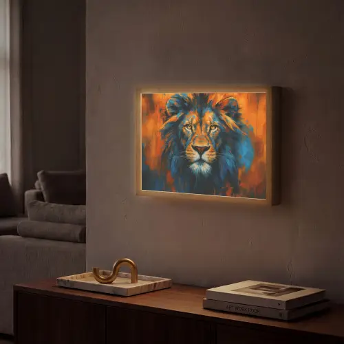 Schilderij - Leeuwenkop - Oranje Light Box met batterij (Wandlamp) middel -sfeer1
