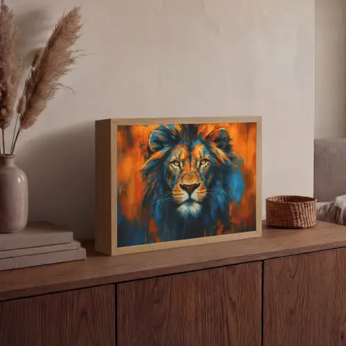 Schilderij - Leeuwenkop - Oranje Light Box met batterij (Wandlamp) middel -sfeer2