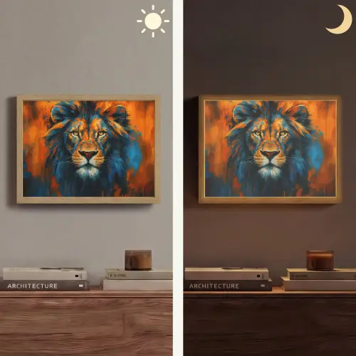 Schilderij - Leeuwenkop - Oranje Light Box met batterij (Wandlamp) middel -sfeer3