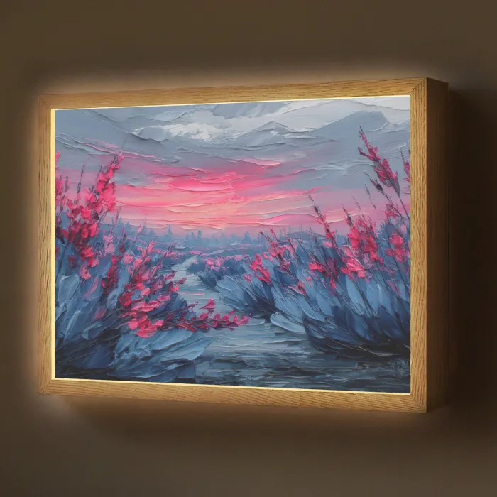 Schilderij - Zonsondergang - Bloemen - Rivier Light Box met batterij (Wandlamp) middel -z3d_website