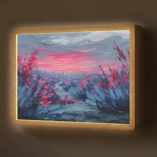 Schilderij - Zonsondergang - Bloemen - Rivier Light Box met batterij (Wandlamp) middel -z3d_website
